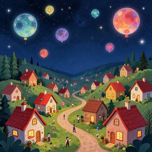 Whimsical digital painting of a fairy-tale village at night, with colorful glowing moons, quaint red-roofed houses, a winding path,