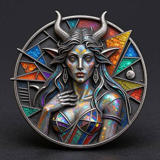 Digital art of a metallic, colorful, horned female figure with long hair, wearing a strapless top, surrounded by vibrant, triangular patterns.