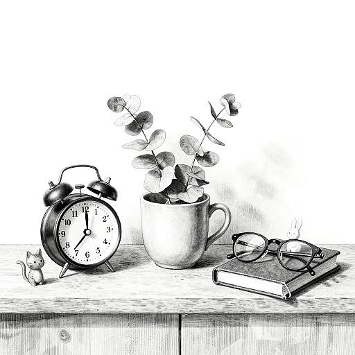 Whimsical Black-and-White Bedside Still Life