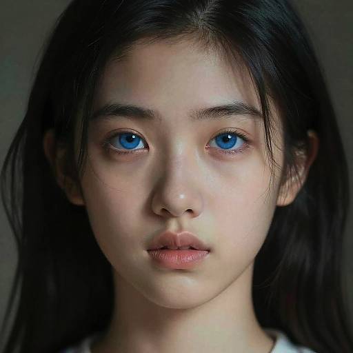 Photograph of a young Asian girl with striking blue eyes, straight black hair, fair skin, and neutral expression against a dark background.