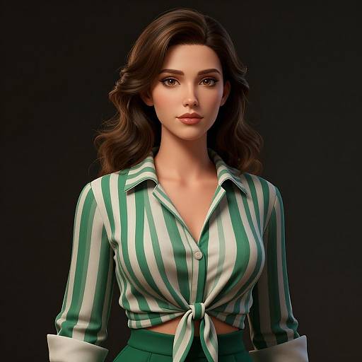 Digital portrait of a beautiful woman with long brown hair, wearing a green and white striped shirt tied at the front. Dark background. Realistic CGI style