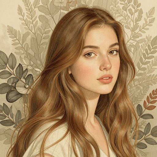 Digital portrait of a young woman with long, wavy brown hair, light skin, and soft brown eyes, set against a botanical patterned background.
