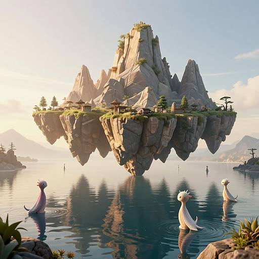 Fantasy digital artwork: Two white, mermaid-like creatures swim near a floating, rocky island with a small village and trees, reflecting in calm,