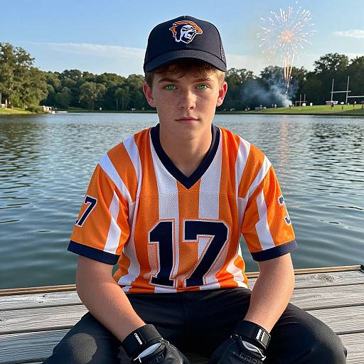 Photograph of a young boy with green eyes, wearing an orange and white football jersey with number 17, black gloves, and cap, sitting on
