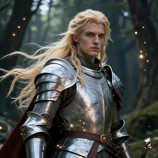 Digital artwork of a serious, blonde-haired man in shiny, ornate medieval armor with intricate designs, standing in a mystical forest illuminated by glowing fireflies