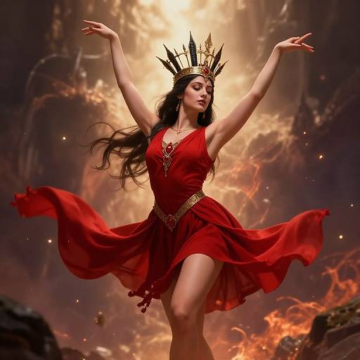 Digital artwork of a regal woman in a flowing red dress and crown, arms raised, set against a fiery, cloudy sky.