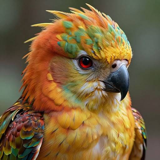 Close-up photograph of a vibrant parrot with orange, yellow, green, and red feathers, sharp black beak, and intense red eye, set
