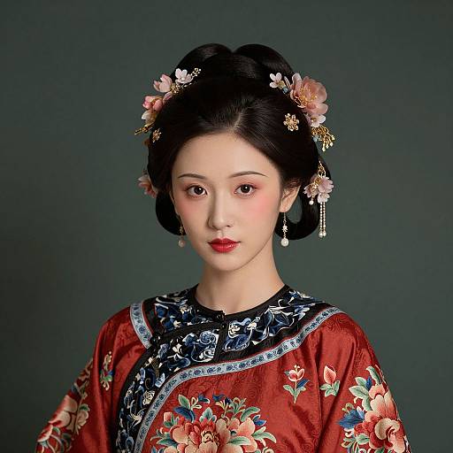 Photograph of an East Asian woman with fair skin, red floral kimono, black hair styled in an updo adorned with pink flowers and gold hair