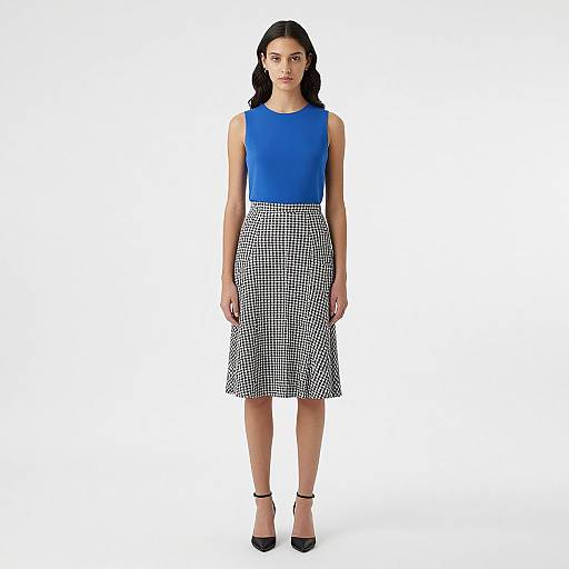 Photograph of a woman with black wavy hair, wearing a blue sleeveless top and black-and-white checkered knee-length skirt, standing against a