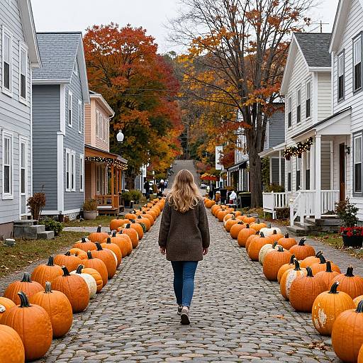 Photograph of a woman with long blonde hair, brown jacket, and blue jeans walking down a cobblestone path lined with orange pumpkins between two