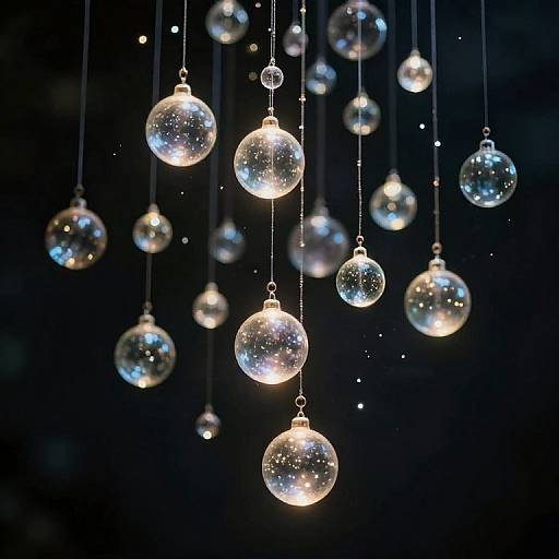 Photograph of clear, spherical glass ornaments hanging on black strings against a dark background, glowing with soft, scattered light reflections.