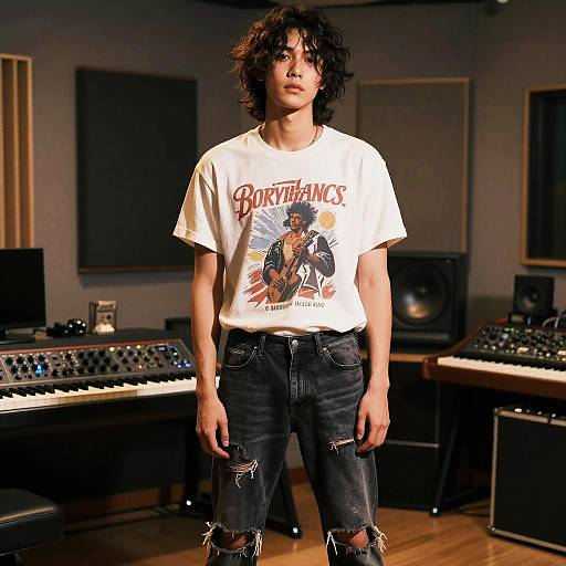 Photograph of a young man with curly hair, wearing a 