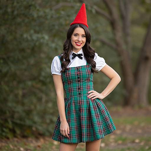 Photograph of a smiling woman with fair skin, long black hair, wearing a red cone hat, white shirt, green plaid dress, and black