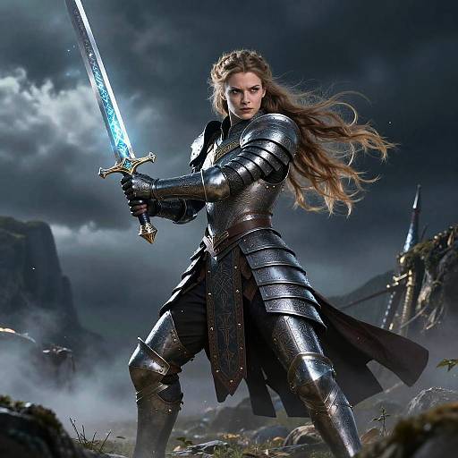 Photorealistic digital artwork of a fierce, long-haired woman in silver armor wielding a glowing blue sword, standing in a misty, mountainous battlefield