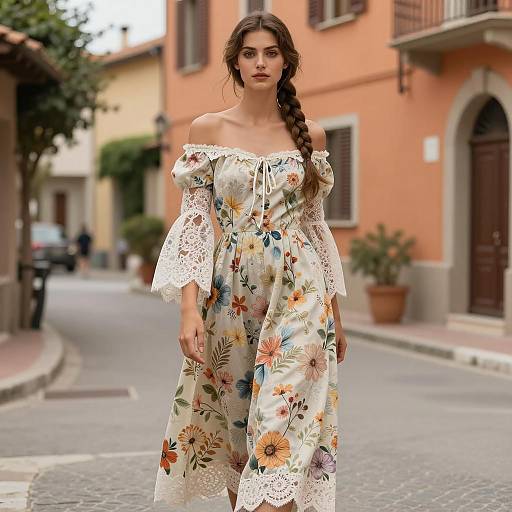 Woman in Floral Off-Shoulder Dress on Mediterranean Street
