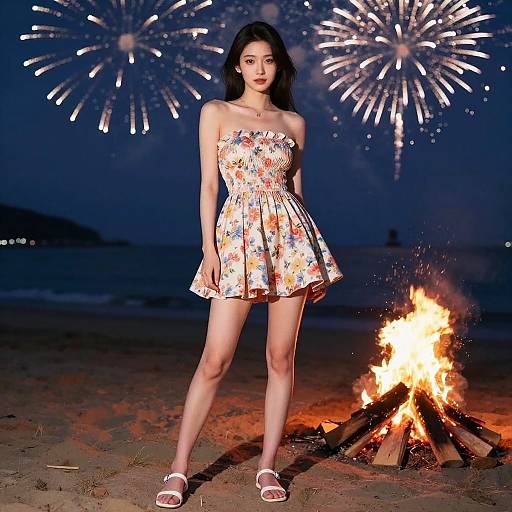 Photograph of a young Asian woman with long black hair, wearing a floral strapless dress and white sandals, standing in front of a campfire and