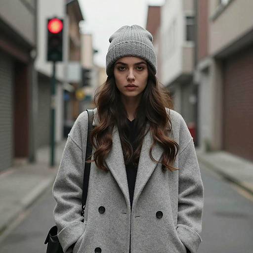 Young Woman in Gray Coat and Beanie in Urban Alley