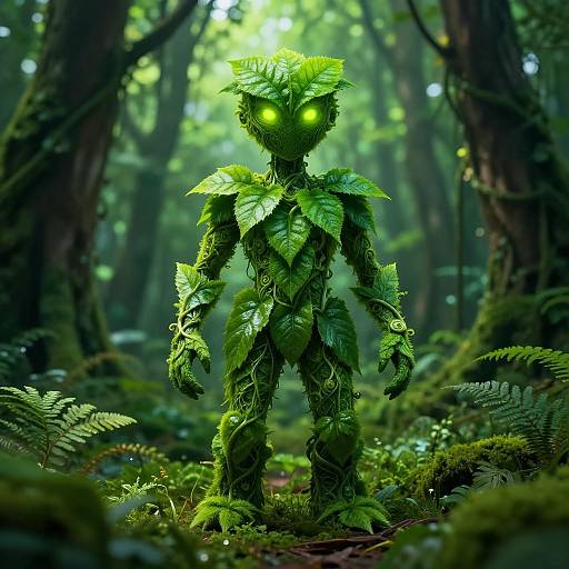 Digital CGI image of a green, leafy forest creature with glowing eyes standing amidst dense, illuminated forest foliage.