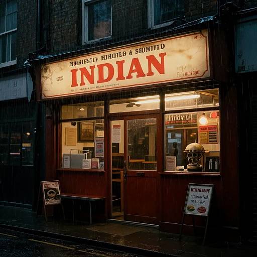 Photograph of a rainy night street scene with a brightly lit Indian restaurant sign reading 