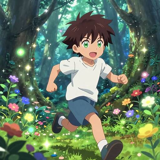 Anime-style drawing of a brown-haired, green-eyed boy in a white shirt and blue shorts, running through a vibrant, enchanted forest with glowing flowers and