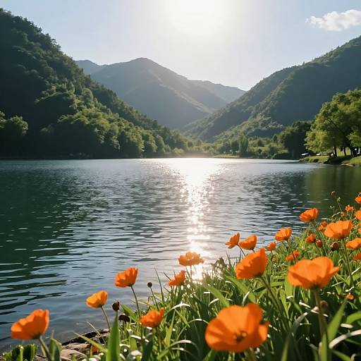 Sunlit Serene Lake with Blooming Flowers