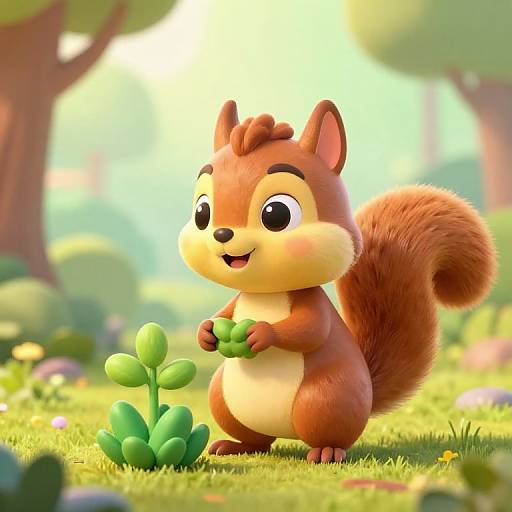 Cute CGI cartoon squirrel with big eyes, holding green plant, standing on sunny grassy meadow, surrounded by blurred trees and flowers.