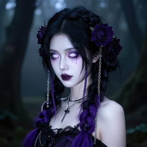 Digital artwork of a pale, gothic woman with glowing white eyes, dark purple makeup, black hair adorned with roses, and chain accessories, set in