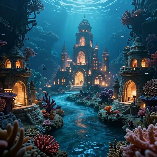 Digital fantasy artwork of an illuminated underwater castle surrounded by coral reefs, lit turrets, and a winding, glowing river.