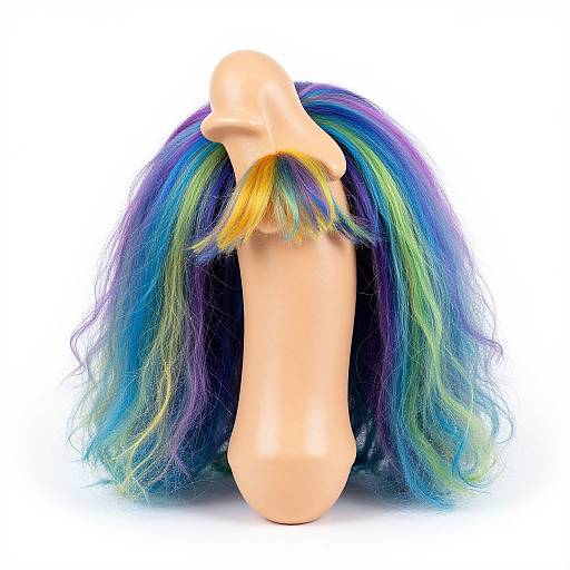 Photograph of a realistic, flesh-colored dildo with a colorful, multi-hued, wavy wig attached, against a white background.