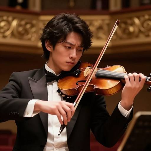 Photograph of an Asian male violinist with black hair, wearing a black tuxedo and bow tie, playing a violin in an ornate,