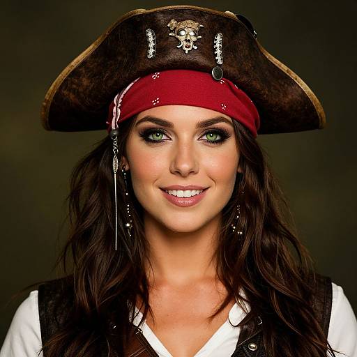 Photograph of a smiling, green-eyed woman with long dark hair, wearing a traditional pirate hat with a red band and white shirt.