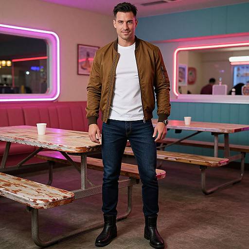 Photograph of a handsome man with short dark hair, brown jacket, white shirt, blue jeans, black boots, standing in a neon-lit diner