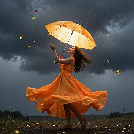 Photograph of a woman in a flowing orange dress holding a glowing umbrella, dancing in the rain under a dark, stormy sky with floating leaves.