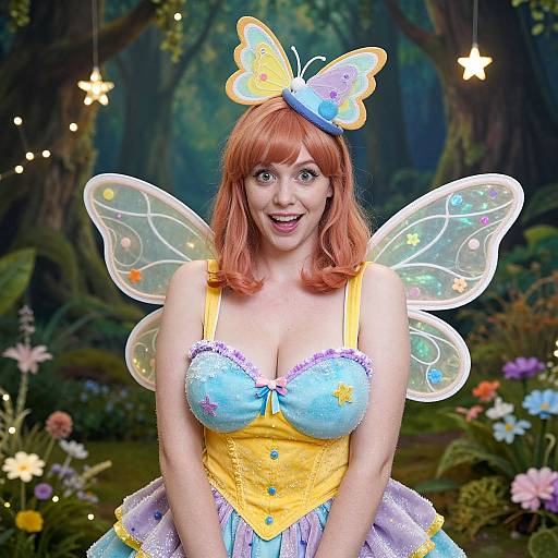 Photograph of a smiling woman with red hair, large butterfly wings, and a blue-yellow fairy costume, standing in a magical forest with glowing stars and