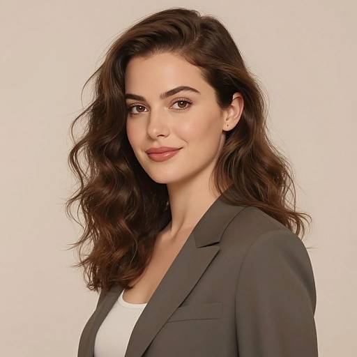 Photograph of a young woman with wavy brown hair, fair skin, and brown eyes, wearing a gray blazer over a white top, against