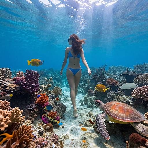 Photograph of a woman in a blue bikini, underwater, swimming away from colorful coral reefs, surrounded by fish, sunlight filtering through the water.