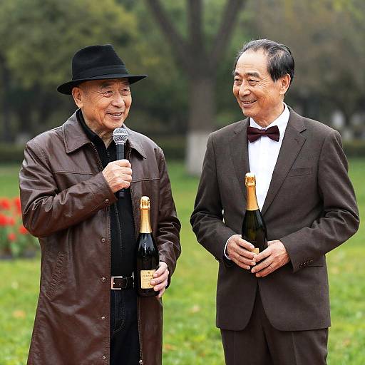 Two Older Men Holding Champagne Bottles in Park