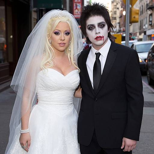 Photograph of a blonde bride in a white wedding dress and veil, standing beside a pale, black-suited groom with white makeup and black lipstick,