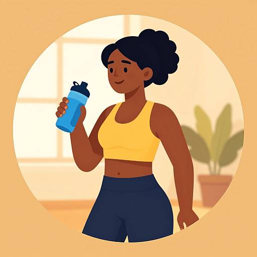 Digital illustration of a dark-skinned woman with a bun, wearing a yellow sports bra and blue shorts, holding a blue water bottle, standing in a
