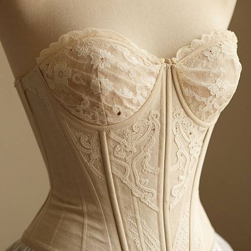 Close-up photograph of a beige lace-strapped corset with intricate floral lace patterns, satin texture, and a central bow, displayed on a manne