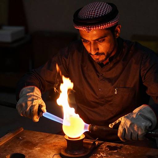 Photograph of a Middle Eastern blacksmith with a checkered cap, black shirt, and gloves, intensely focusing on welding a blue torch, illuminating