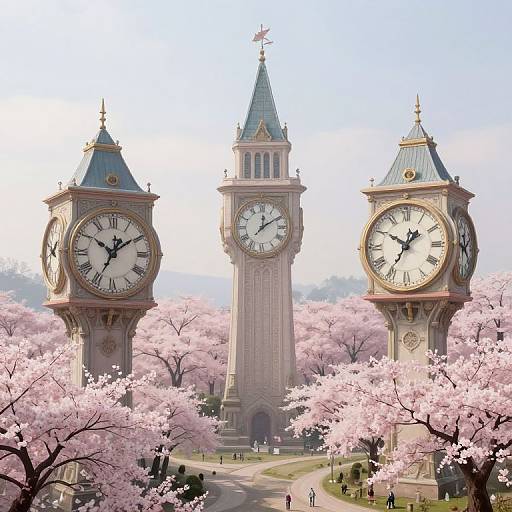 Photograph of three ornate clock towers with pink cherry blossom trees in the foreground and a clear blue sky background.