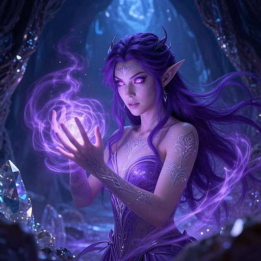 Digital fantasy artwork of a purple-haired, elven sorceress with glowing purple eyes, intricate tattoos, and glowing purple orb, in a crystal-filled