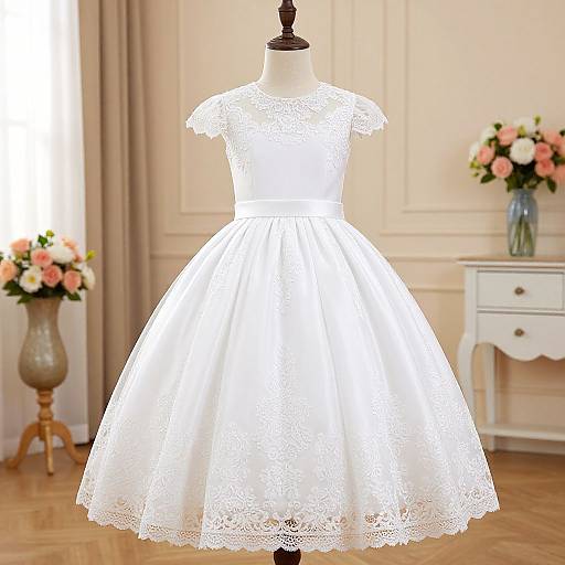 Photograph of a white, lace, knee-length, short-sleeve dress on a mannequin in a bright, elegant room with floral v