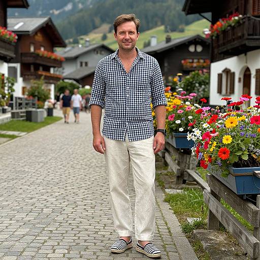 Photograph of a smiling man in a blue checkered shirt and white pants standing on a cobblestone path, flanked by vibrant flower boxes and