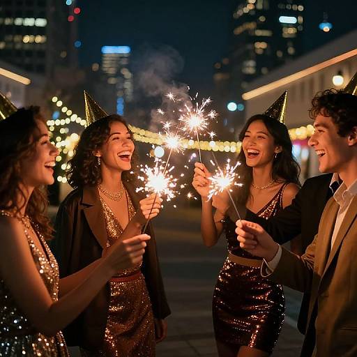 Photograph of four laughing friends at night, holding sparklers, wearing sequined dresses and party hats, in a city square with lit buildings in the