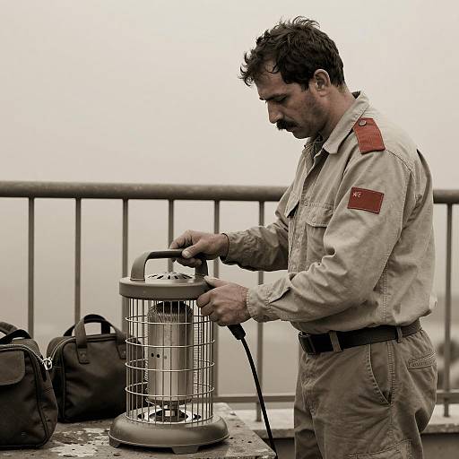 Man Using Portable Heater Outdoors