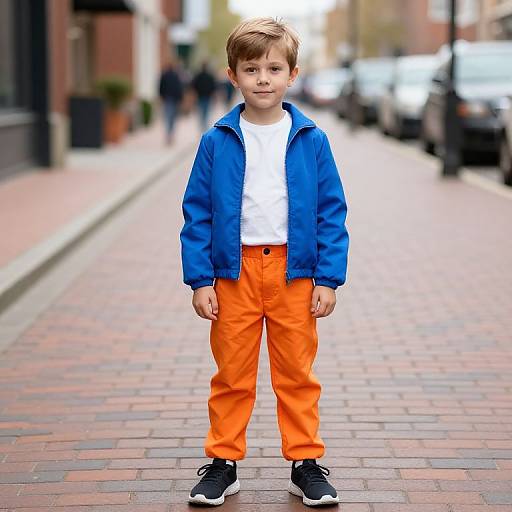 Photograph of a young boy with light brown hair, blue jacket, white shirt, bright orange pants, and black sneakers, standing on a brick-p