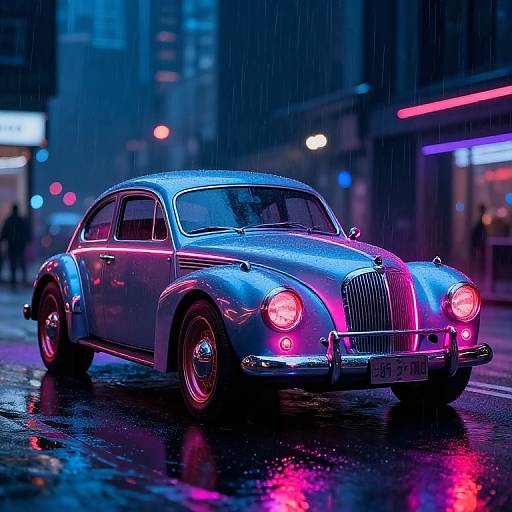 Photograph of a neon-lit, blue vintage car with pink and purple highlights, driving on a rainy city street at night.