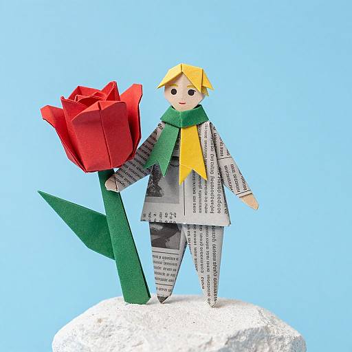 Colorful paper craft figure with yellow hair, green scarf, newspaper outfit, holding a red rose, standing on a white snowball.